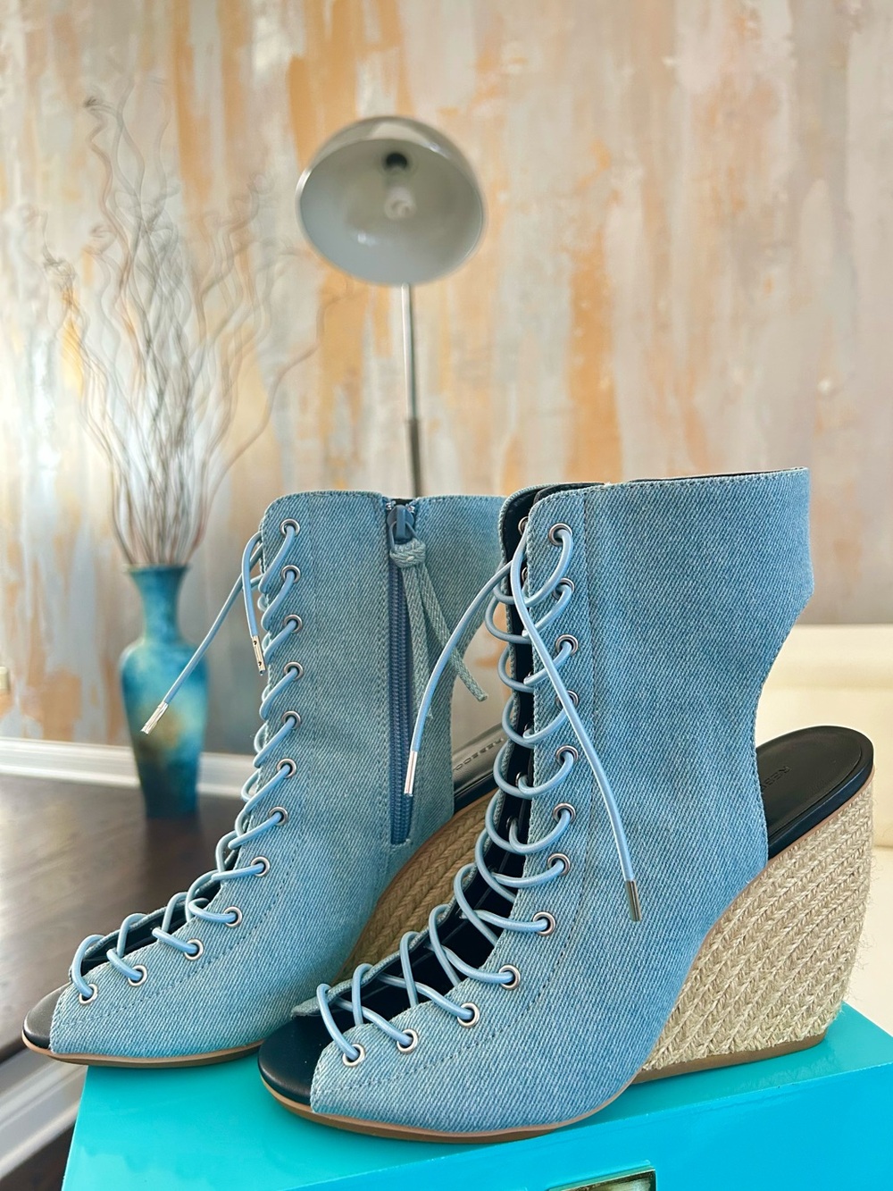 Rebecca Minkoff Denim Lace-Up Peep-Toe Wedges